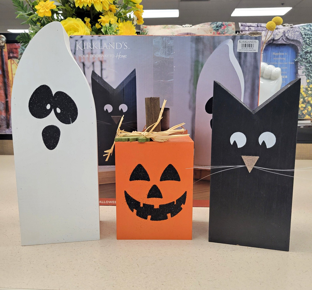 Kirkland's Set of 3 Halloween Wood Figurines Ghost Black Cat Jack-o'-lantern